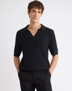 Black Short-Sleeve Johnny Sweater with Vertical Stitches