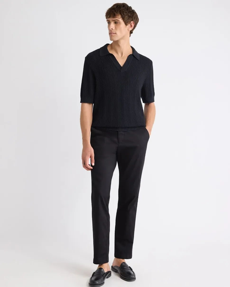 Black Short-Sleeve Johnny Sweater with Vertical Stitches
