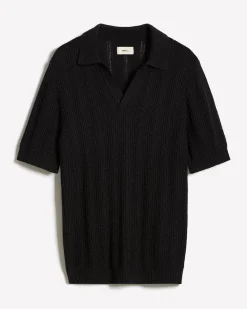 Black Short-Sleeve Johnny Sweater with Vertical Stitches