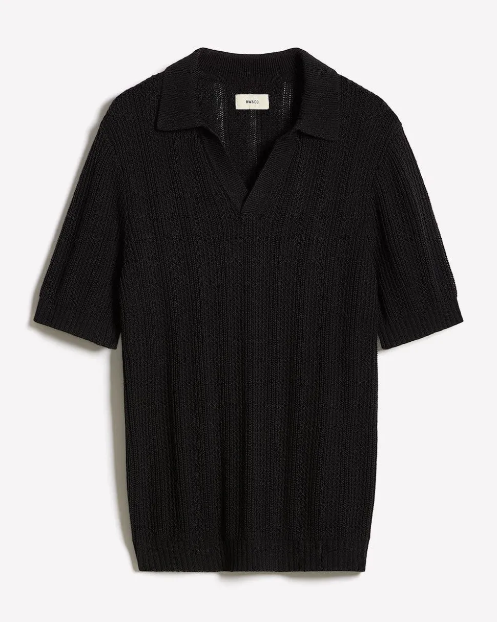 Black Short-Sleeve Johnny Sweater with Vertical Stitches
