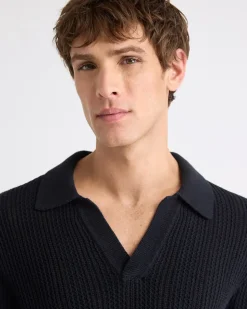 Black Short-Sleeve Johnny Sweater with Vertical Stitches