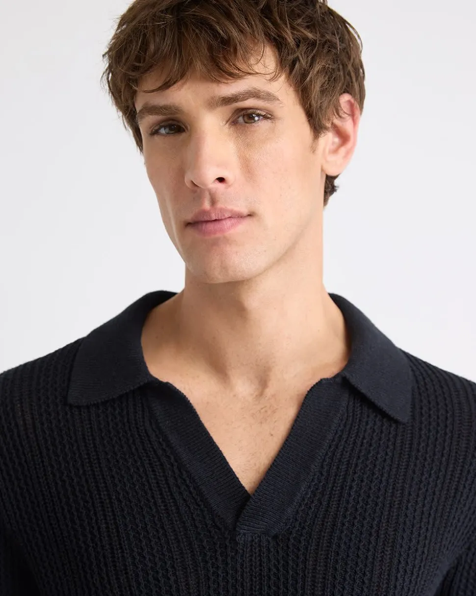 Black Short-Sleeve Johnny Sweater with Vertical Stitches