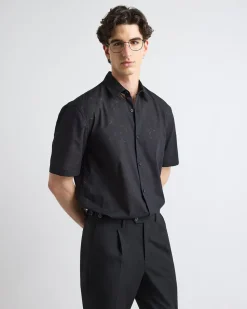 Black Short-Sleeve Shirt with Regular Collar with Tonal Pattern