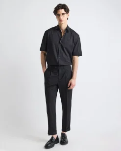 Black Short-Sleeve Shirt with Regular Collar with Tonal Pattern