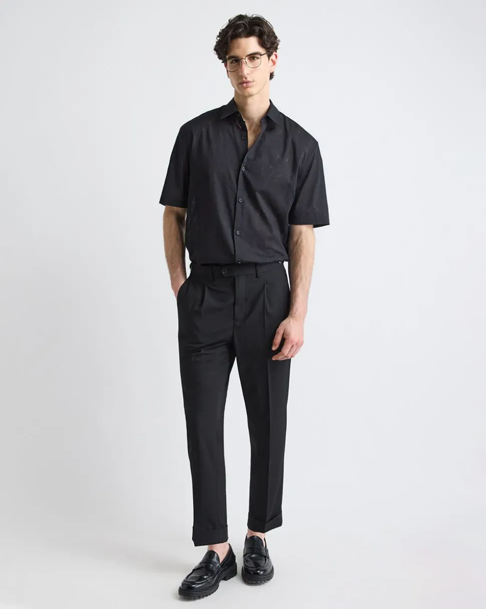 Black Short-Sleeve Shirt with Regular Collar with Tonal Pattern