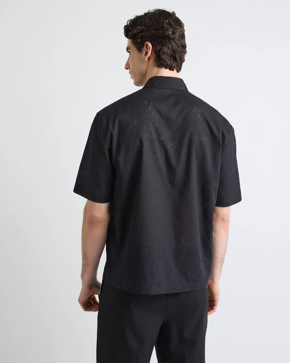 Black Short-Sleeve Shirt with Regular Collar with Tonal Pattern