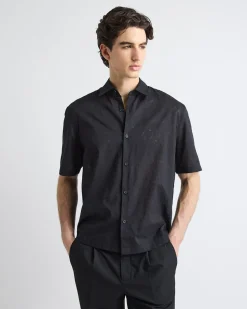 Black Short-Sleeve Shirt with Regular Collar with Tonal Pattern