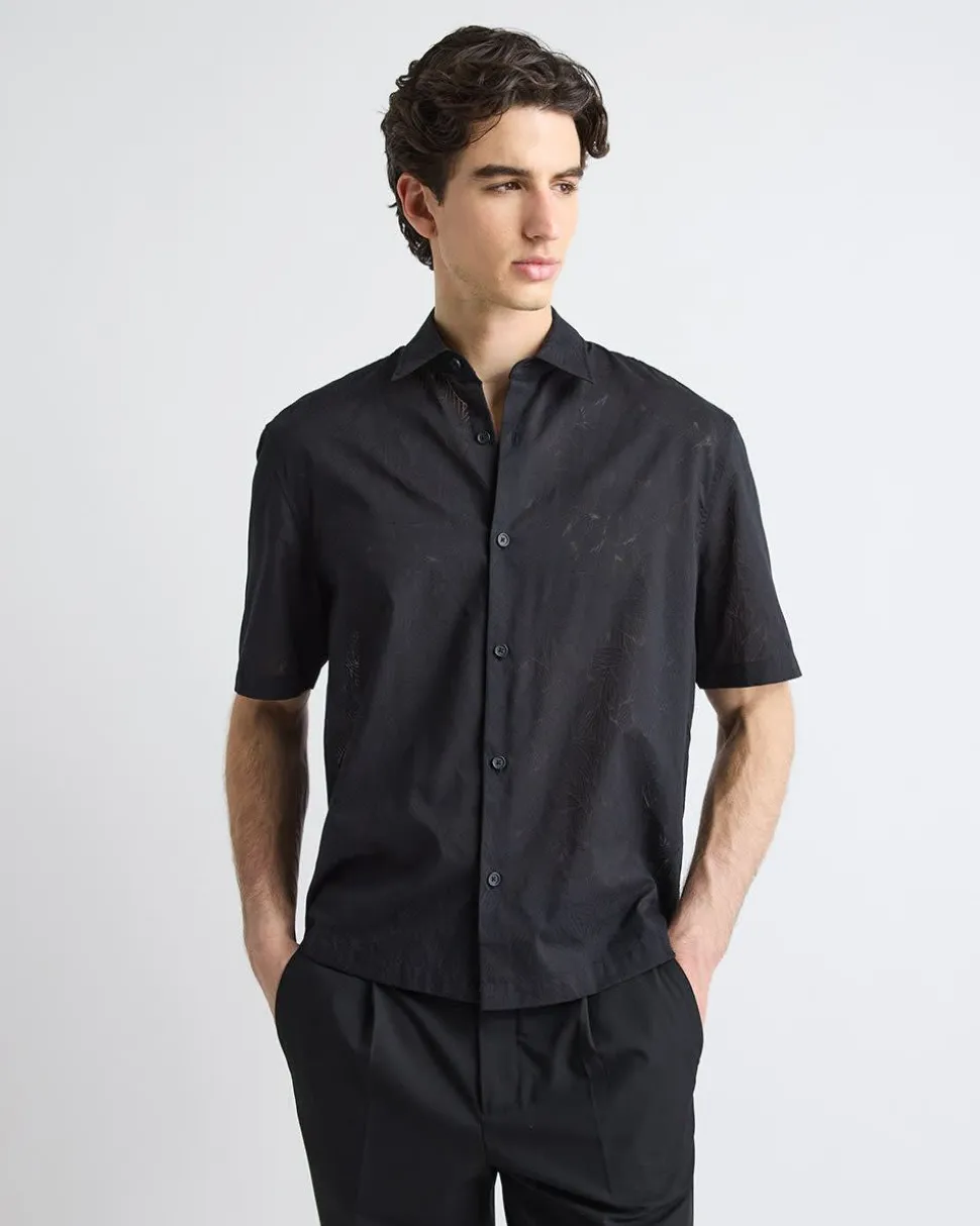 Black Short-Sleeve Shirt with Regular Collar with Tonal Pattern
