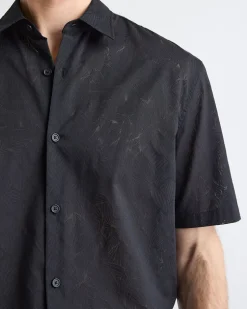 Black Short-Sleeve Shirt with Regular Collar with Tonal Pattern
