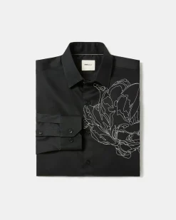 Black Slim-Fit Dress Shirt with White Floral Pattern