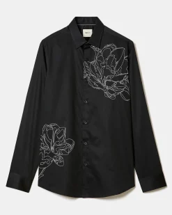 Black Slim-Fit Dress Shirt with White Floral Pattern
