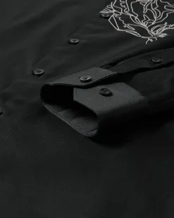 Black Slim-Fit Dress Shirt with White Floral Pattern