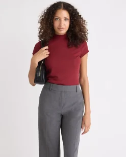 Cap-Sleeve Mock-Neck Ribbed Top