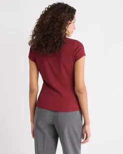 Cap-Sleeve Mock-Neck Ribbed Top