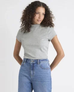 Cap-Sleeve Mock-Neck Ribbed Top