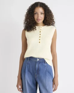 Cotton-Merino-Blend Short Sweater Vest with Henley Neckline