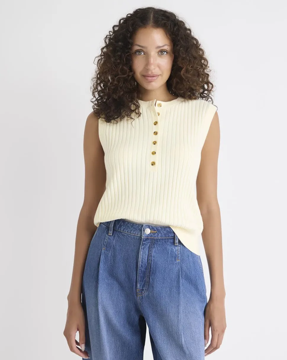 Cotton-Merino-Blend Short Sweater Vest with Henley Neckline