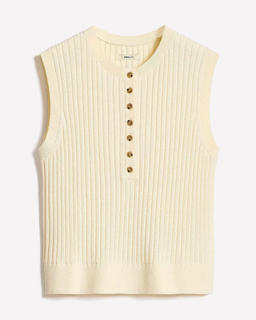 Cotton-Merino-Blend Short Sweater Vest with Henley Neckline