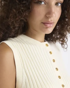 Cotton-Merino-Blend Short Sweater Vest with Henley Neckline