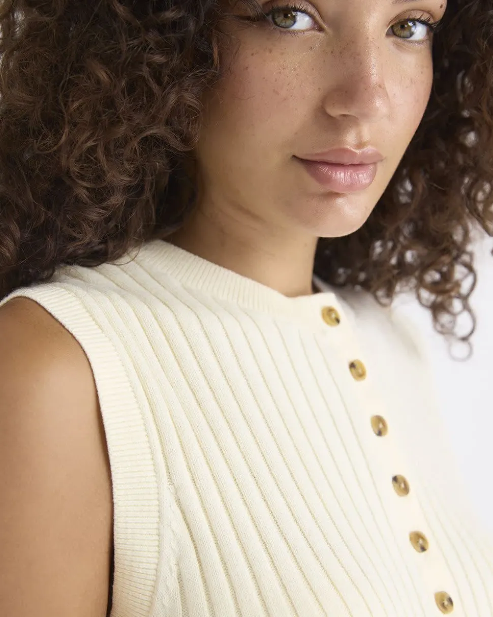Cotton-Merino-Blend Short Sweater Vest with Henley Neckline