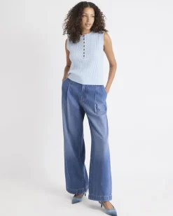 Cotton-Merino-Blend Short Sweater Vest with Henley Neckline