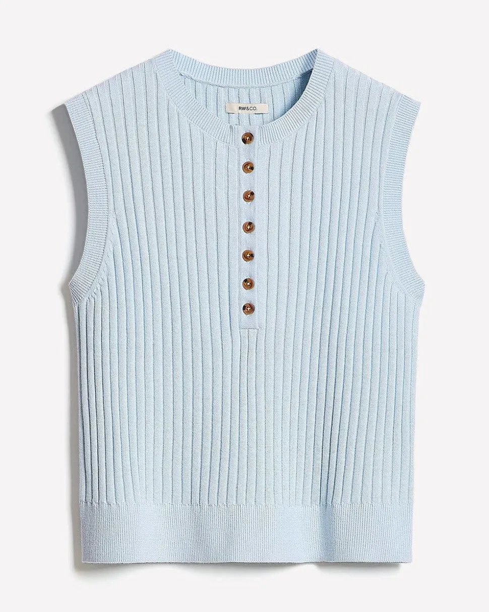 Cotton-Merino-Blend Short Sweater Vest with Henley Neckline