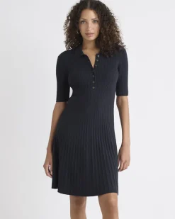 Cotton-Merino-Blend Short-Sleeve Ribbed Polo Dress