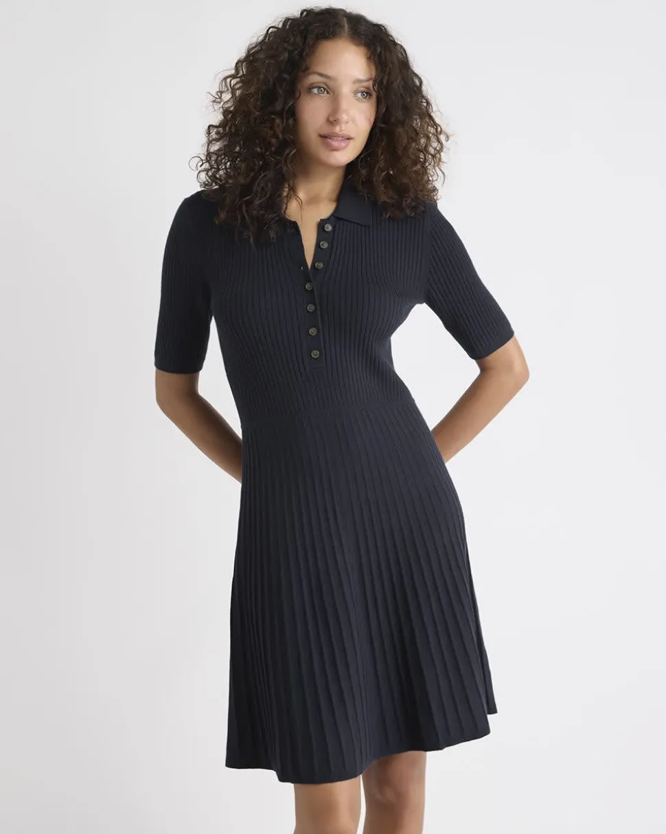 Cotton-Merino-Blend Short-Sleeve Ribbed Polo Dress