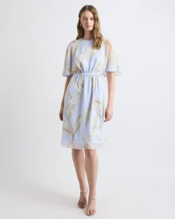 Crew-Neck Chiffon Midi Dress with Short Flutter Sleeves