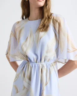 Crew-Neck Chiffon Midi Dress with Short Flutter Sleeves