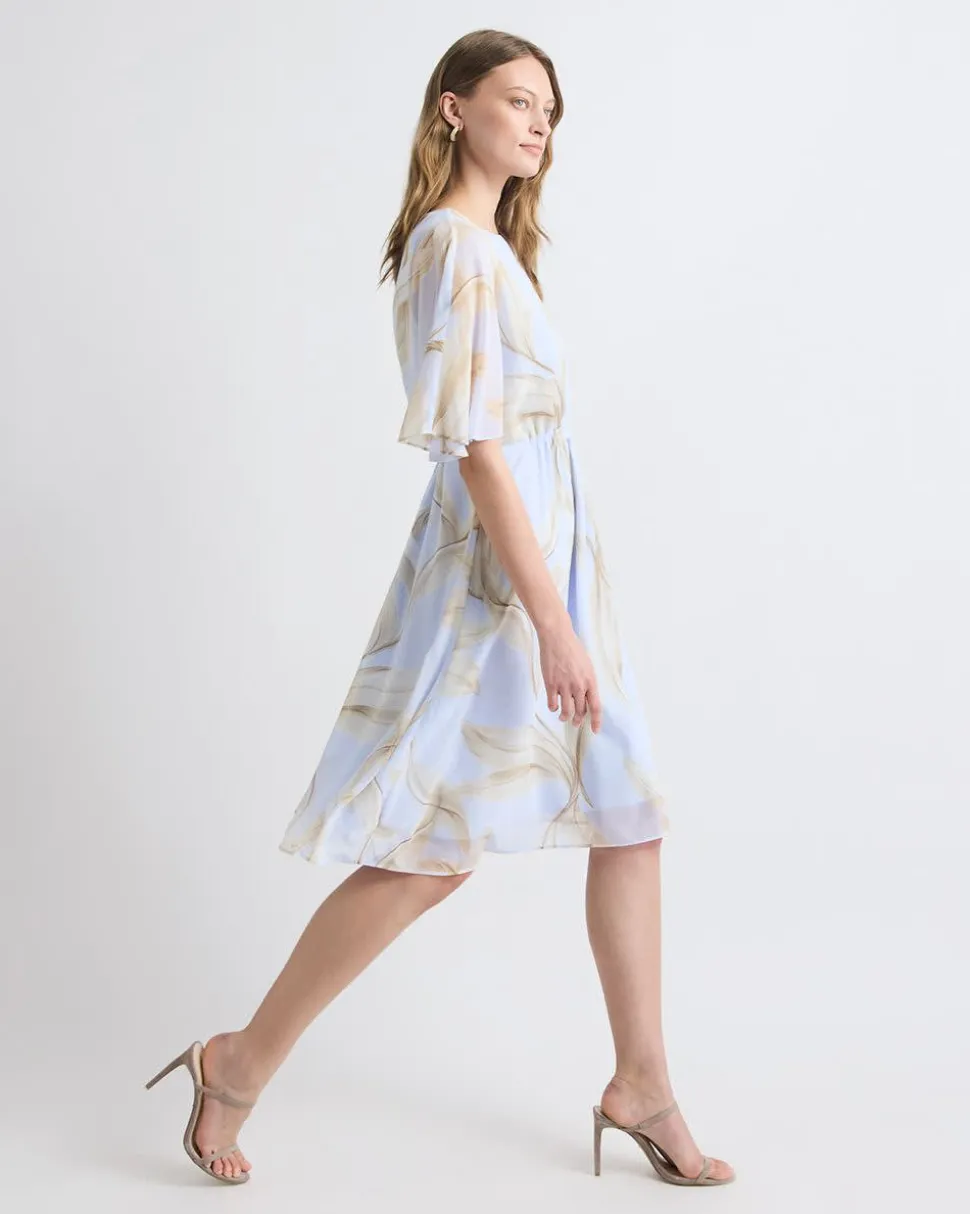 Crew-Neck Chiffon Midi Dress with Short Flutter Sleeves