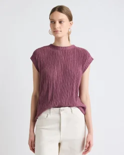 Crew-Neck Crinkled-Knit Top with Cap Sleeves