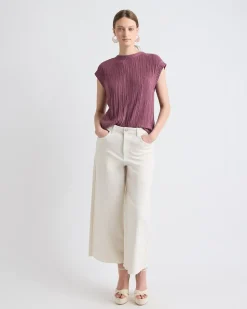 Crew-Neck Crinkled-Knit Top with Cap Sleeves