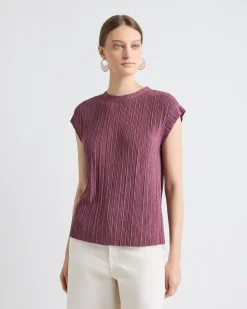 Crew-Neck Crinkled-Knit Top with Cap Sleeves