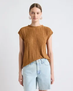 Crew-Neck Crinkled-Knit Top with Cap Sleeves