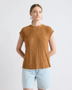 Crew-Neck Crinkled-Knit Top with Cap Sleeves