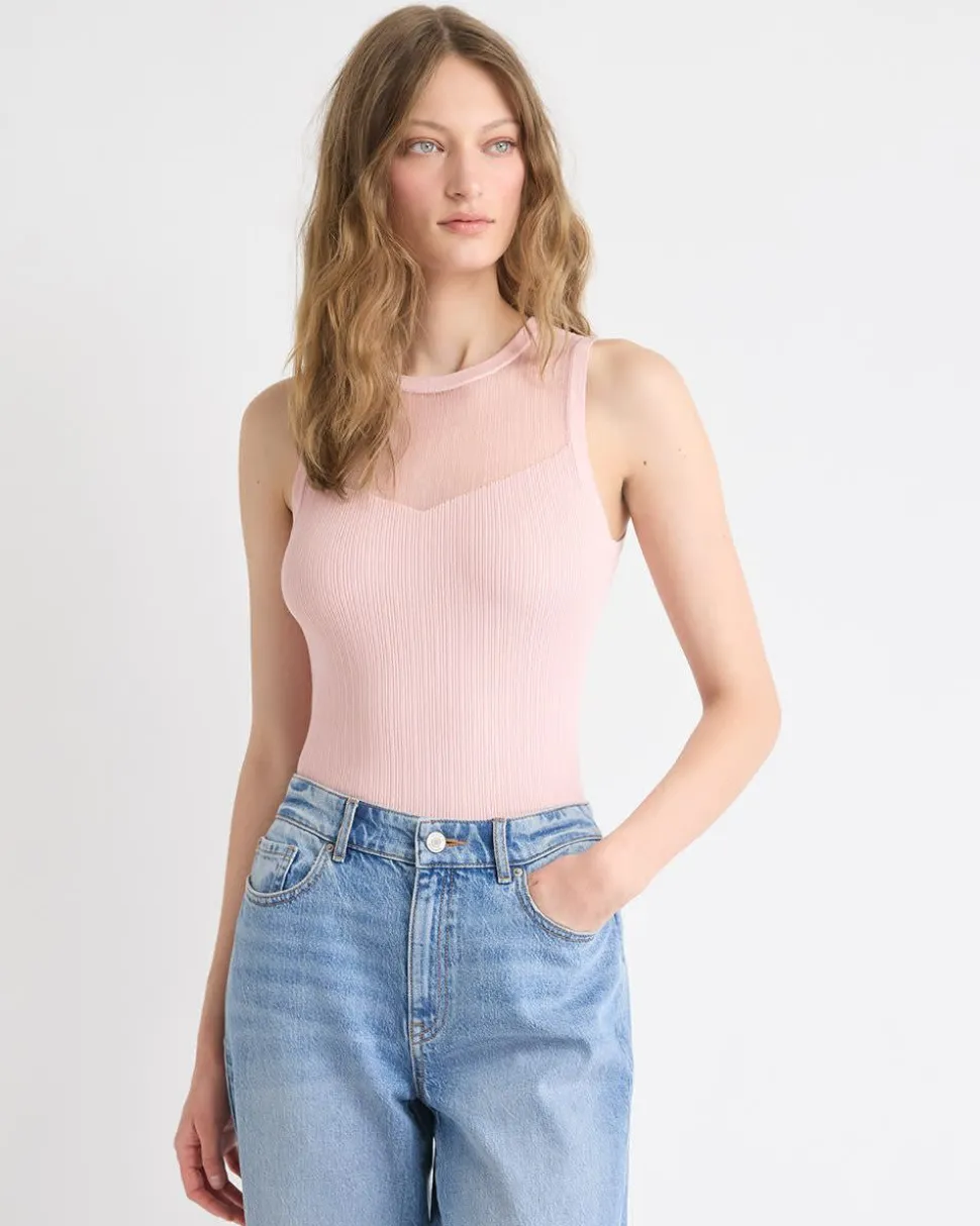 Crew-Neck Ribbed Cami with Sheer Yoke