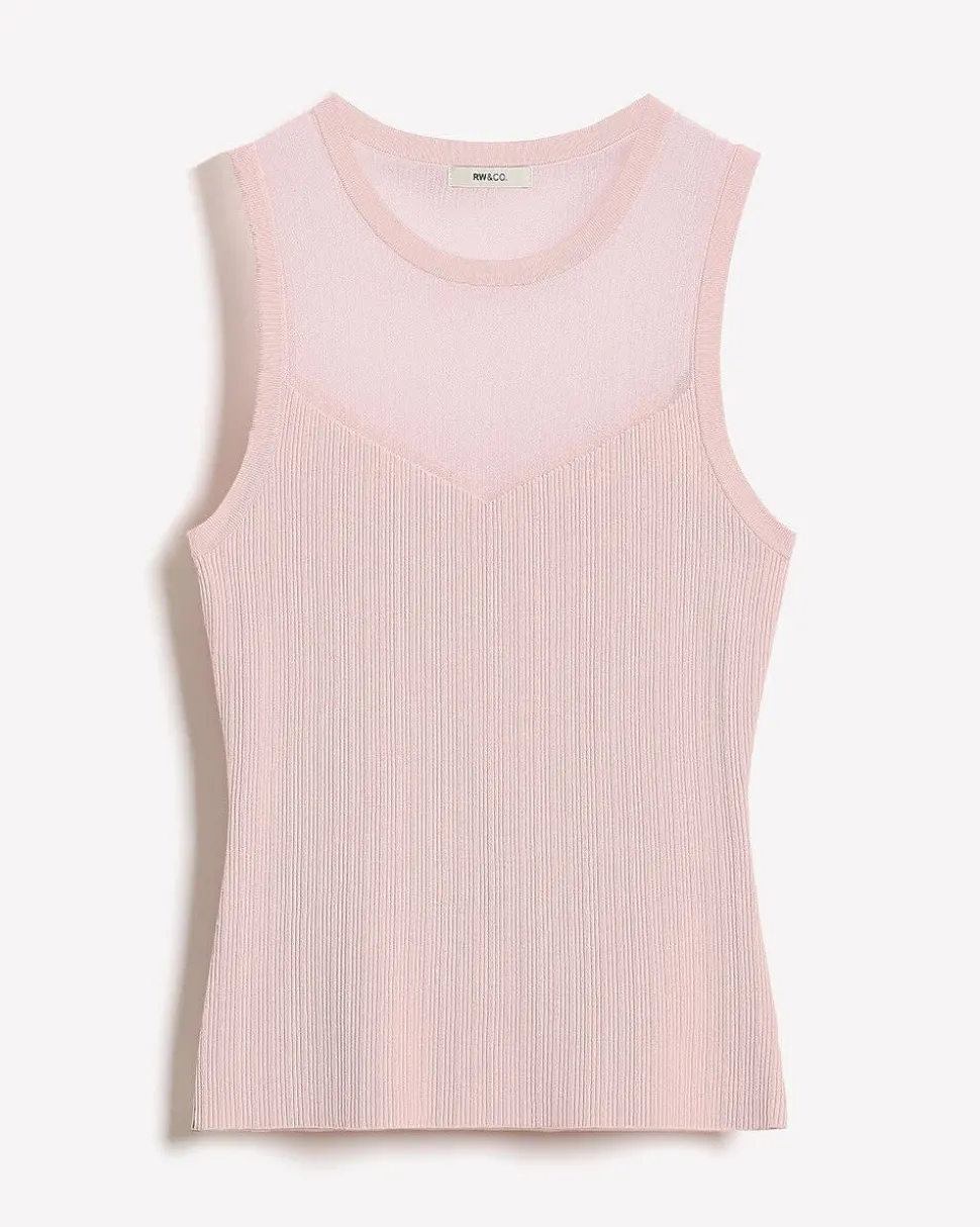 Crew-Neck Ribbed Cami with Sheer Yoke