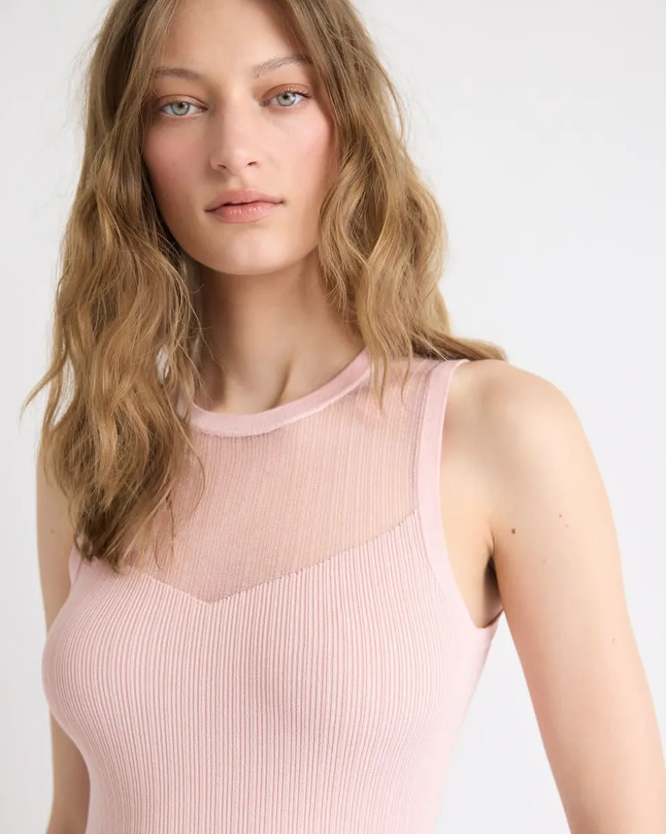 Crew-Neck Ribbed Cami with Sheer Yoke