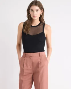 Crew-Neck Ribbed Cami with Sheer Yoke