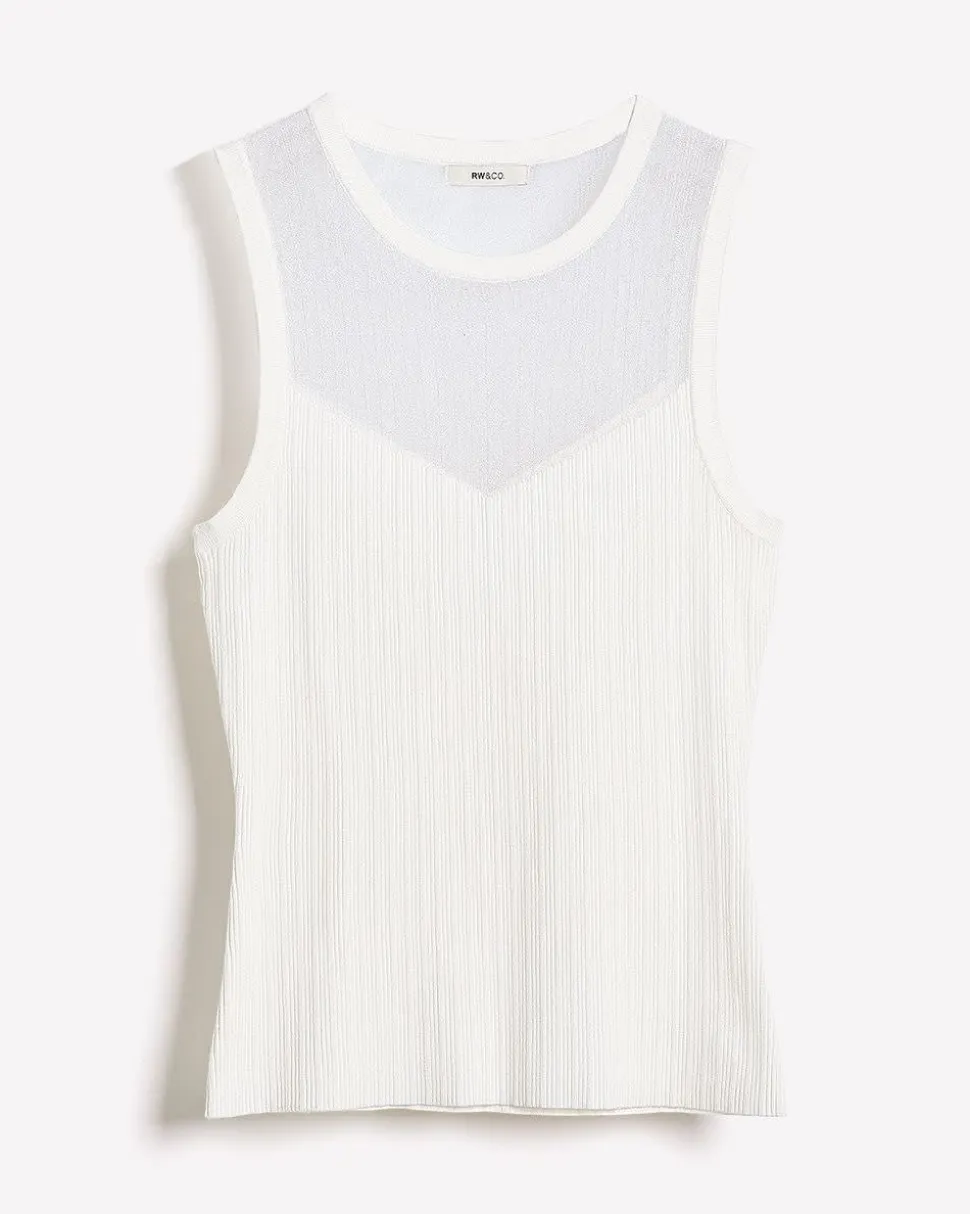 Crew-Neck Ribbed Cami with Sheer Yoke