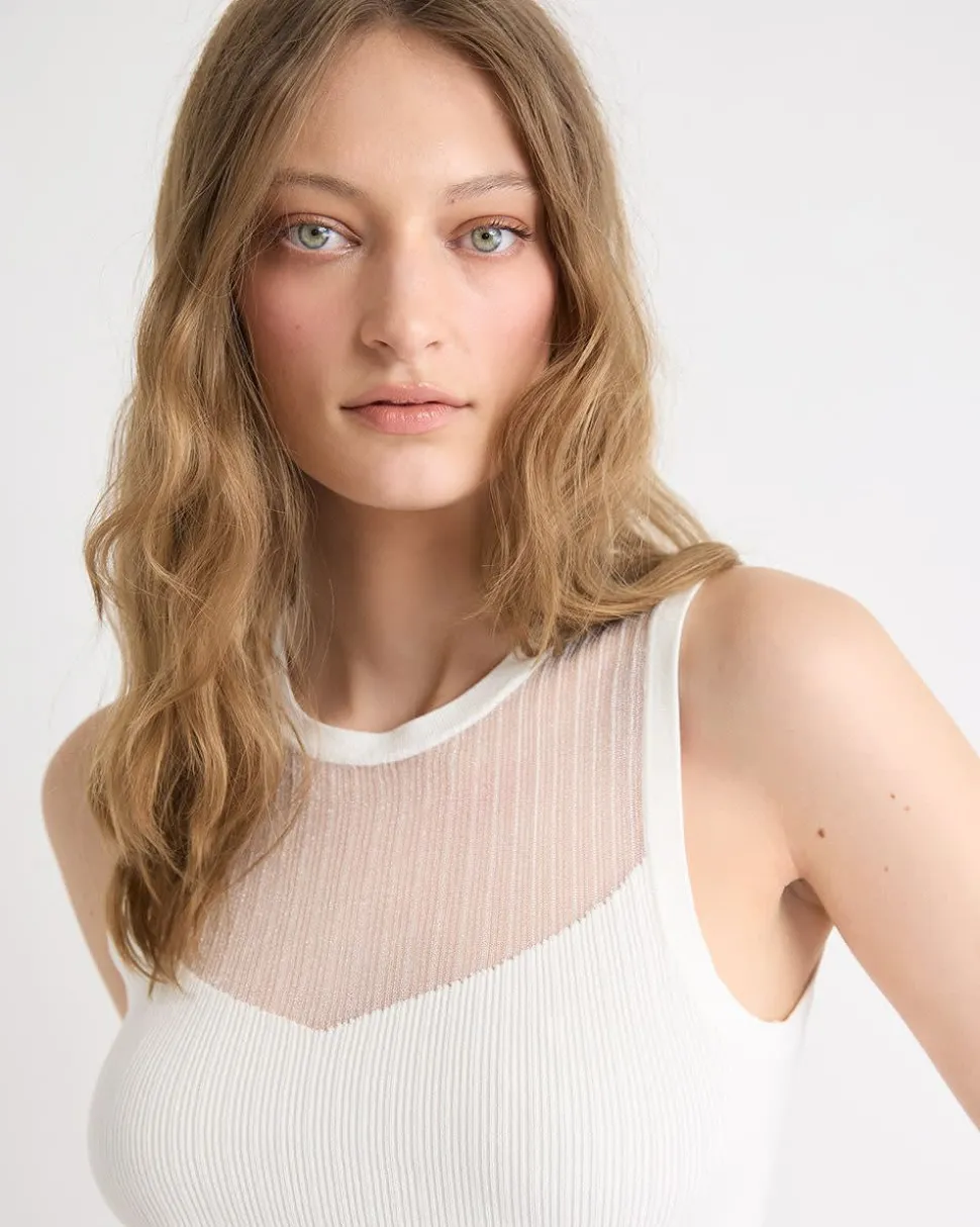 Crew-Neck Ribbed Cami with Sheer Yoke