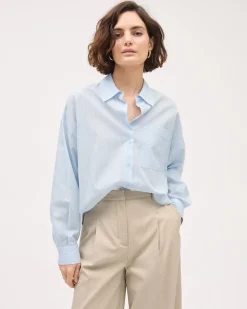 Cropped Long-Sleeve Buttoned-Down Striped Poplin Blouse