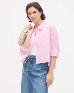 Cropped Long-Sleeve Buttoned-Down Striped Poplin Blouse