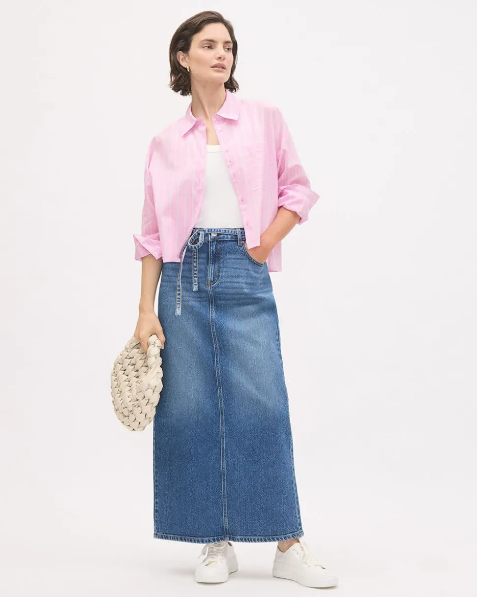 Cropped Long-Sleeve Buttoned-Down Striped Poplin Blouse