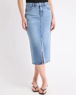 Denim High-Rise Straight Midi Skirt