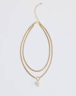 Double Snake Chain Short Necklace with Pearl Pendant