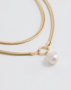Double Snake Chain Short Necklace with Pearl Pendant