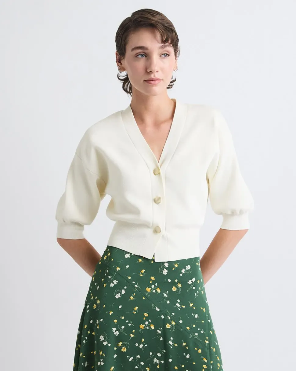 Elbow-Sleeve Buttoned-Down Cardigan