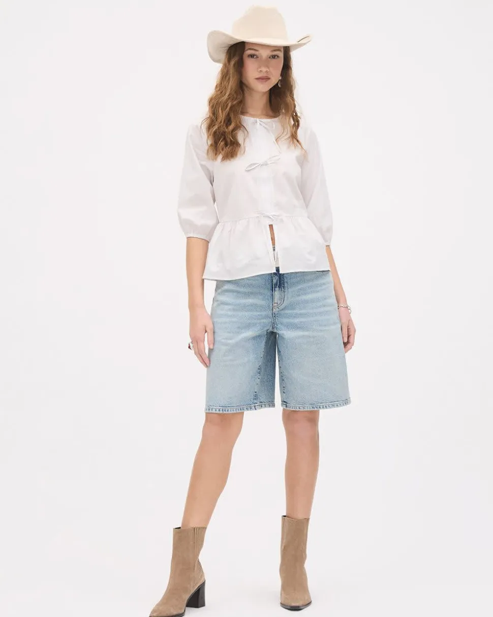 Elbow-Sleeve Crew-Neck Blouse with Self-Ties
